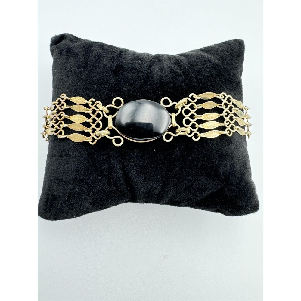 Vintage Artisan Bracelet Brutalist Chainmail Wire Wrap Glass Stone Cabochon 6.25